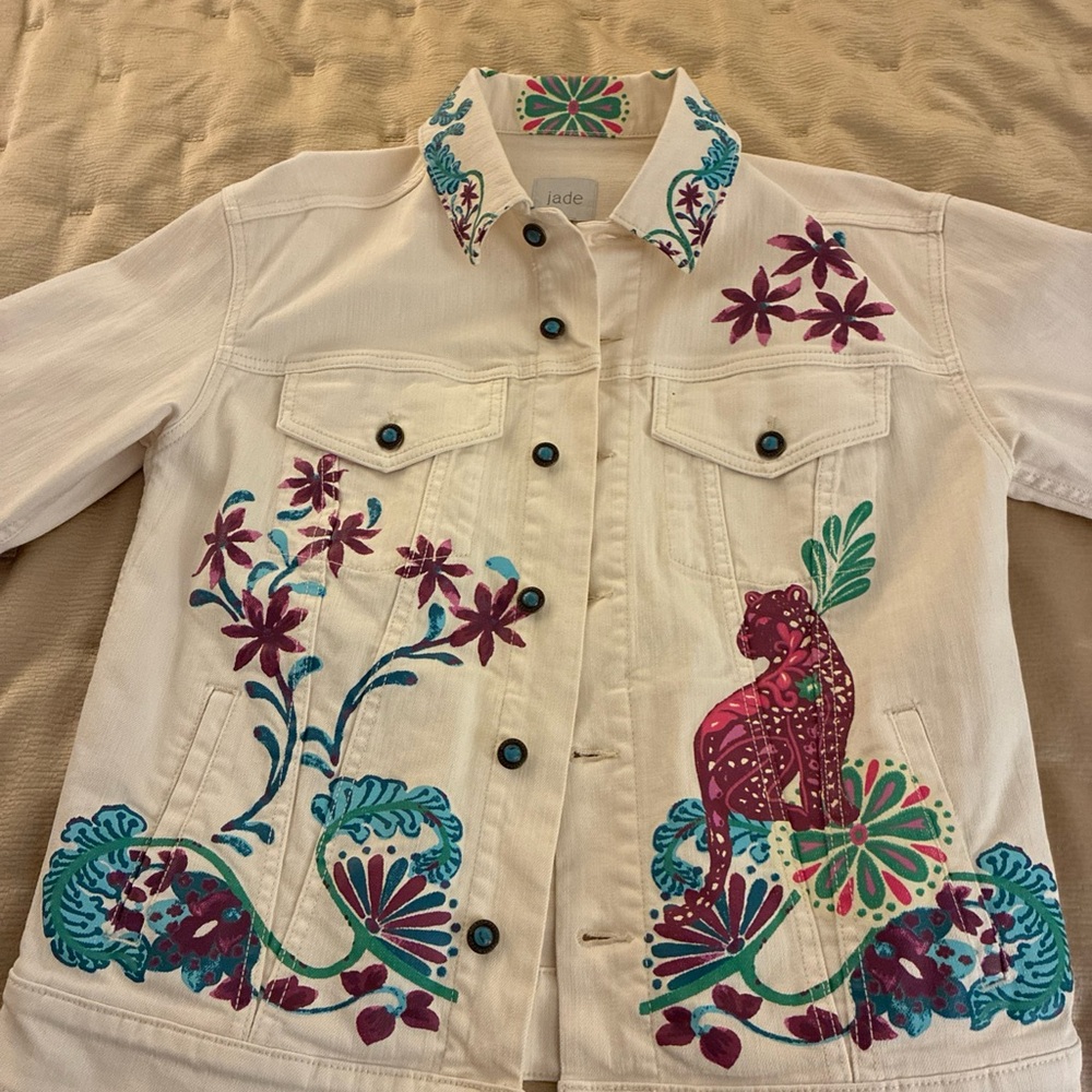Jade (Johnny Was) White Denim Jacket with Teal & Magenta Designs